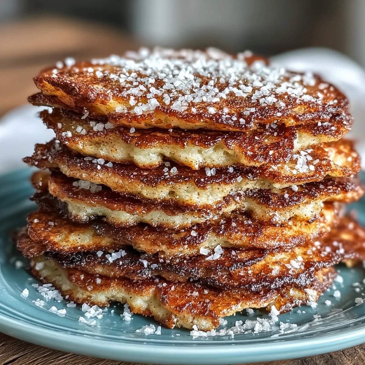 A plate of warm Spanish Churro-Inspired Pancakes with crispy edges, ready for a sweet breakfast.