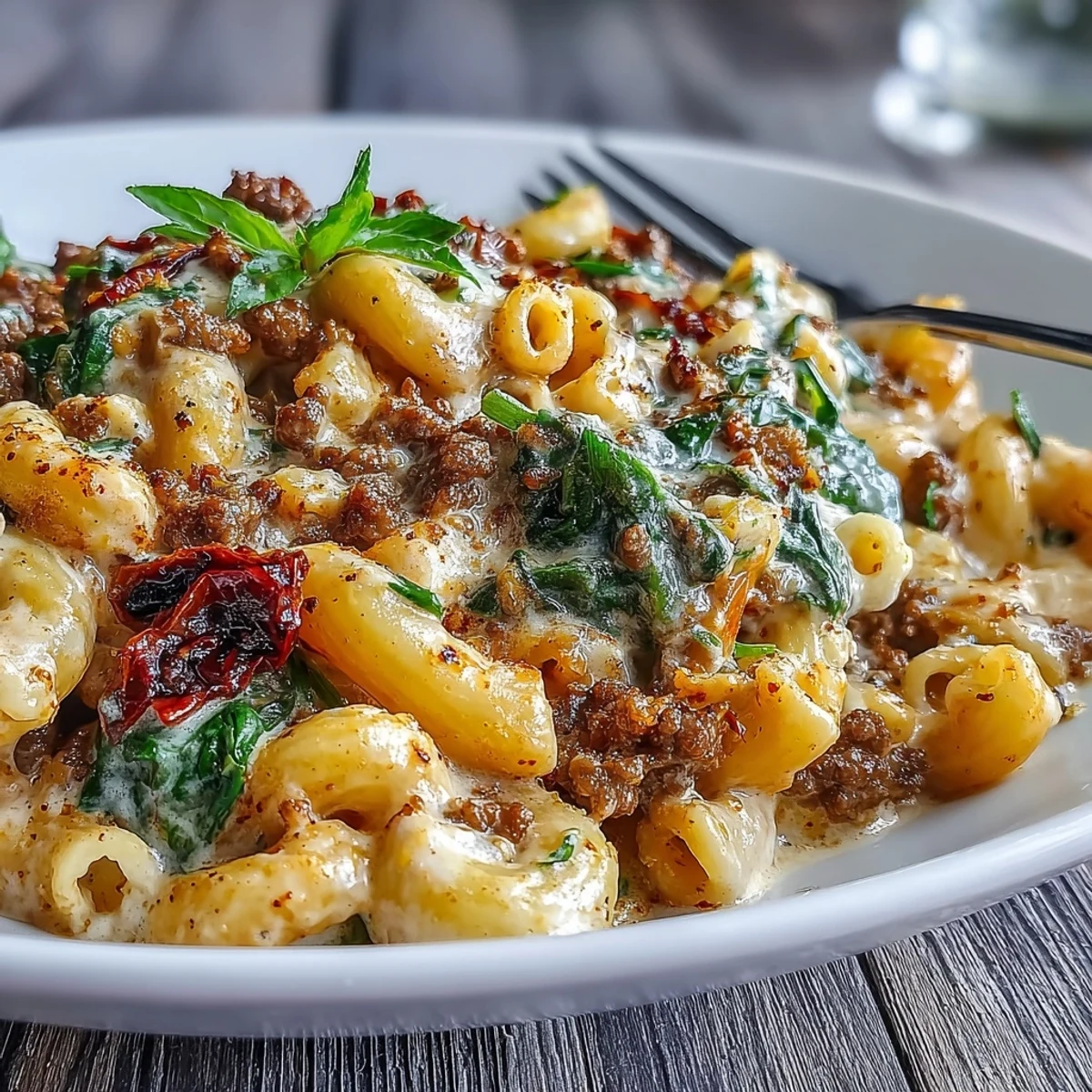 Creamy Tuscan Chili Mac steams in a bowl, garnished with extra Parmesan and fresh basil. 