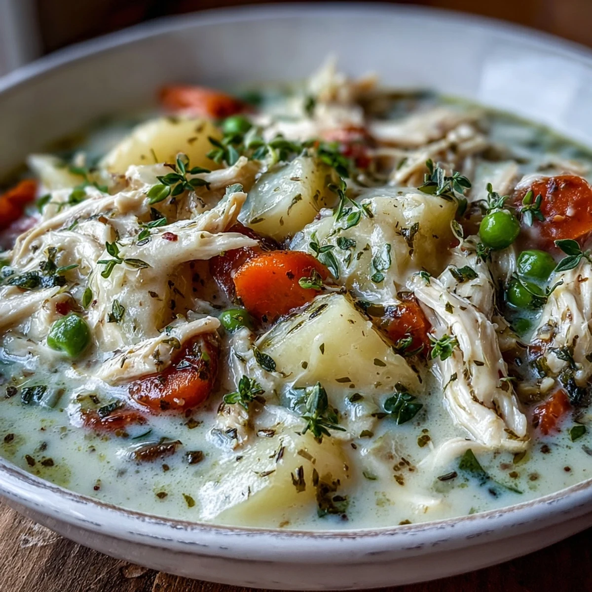 Creamy Chicken Pot Pie Soup served steaming in a rustic bowl, garnished with fresh parsley and thyme.
