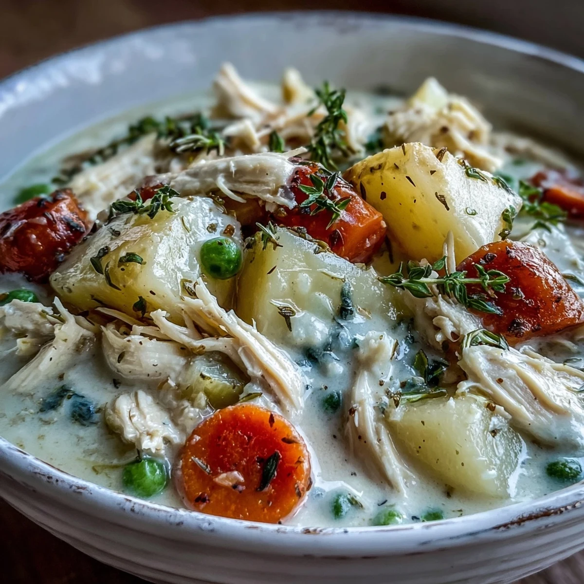 A rich, chunky Creamy Chicken Pot Pie Soup ladle filled with shredded chicken, carrots, peas, and potatoes.