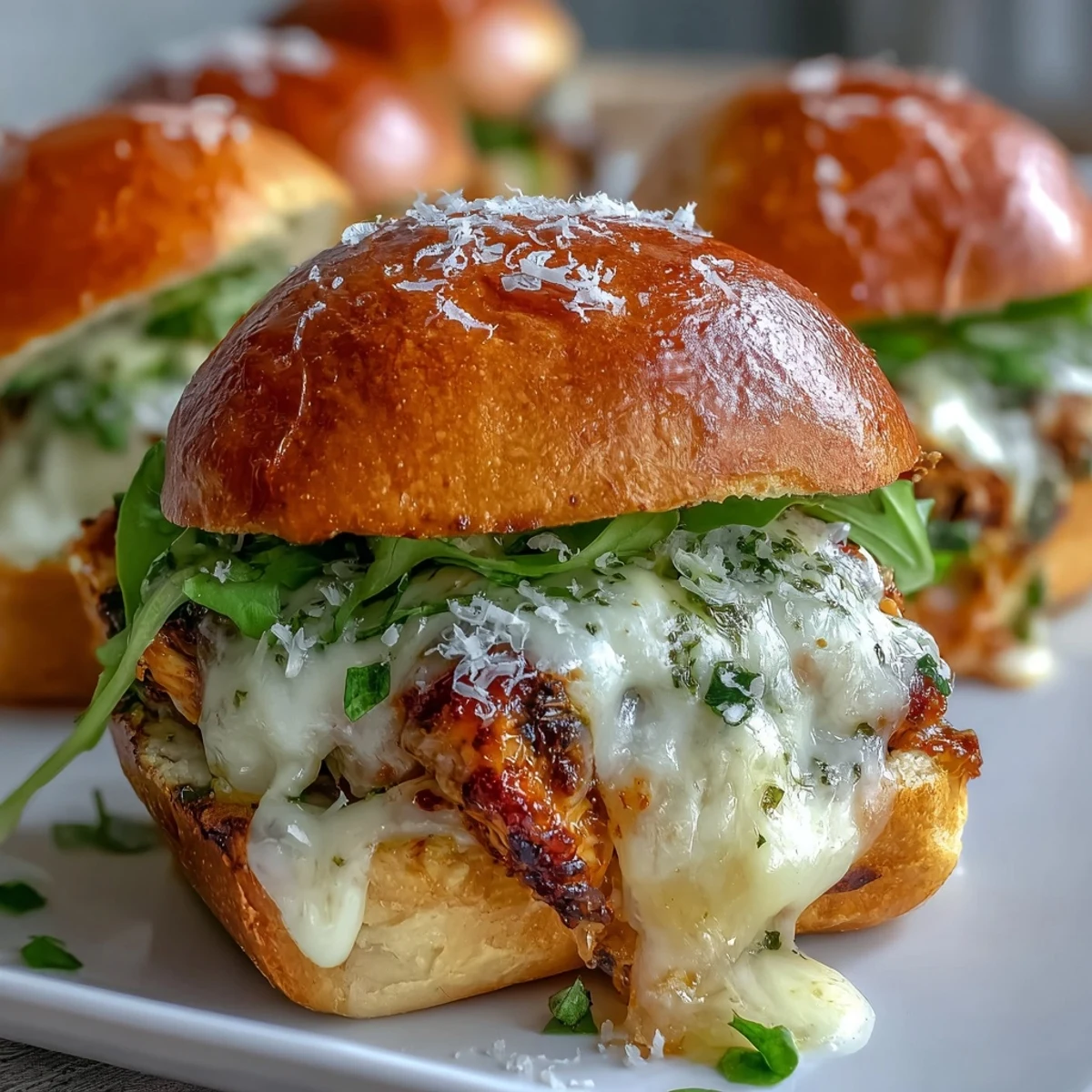 Golden-brown Pesto Chicken Parmesan Sliders on a baking sheet with melted mozzarella and fresh basil garnish.