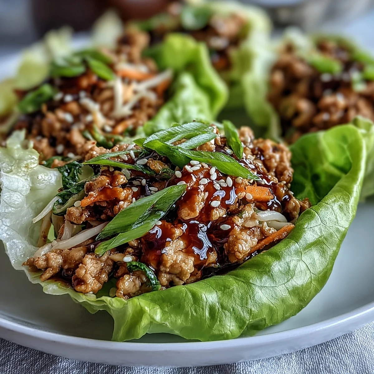 Golden-brown Potsticker Noodle Lettuce Cups filled with turkey, carrots, and cabbage, garnished with sesame seeds on a rustic wooden table.