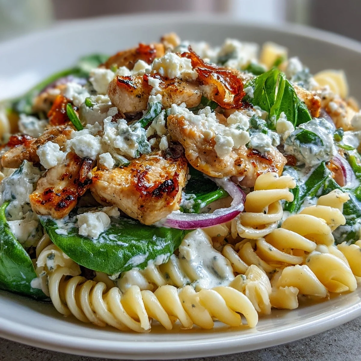 Creamy Greek Chicken Feta Pasta Skillet is plated with fresh spinach and a bright lemon wedge for a Mediterranean-inspired dinner.