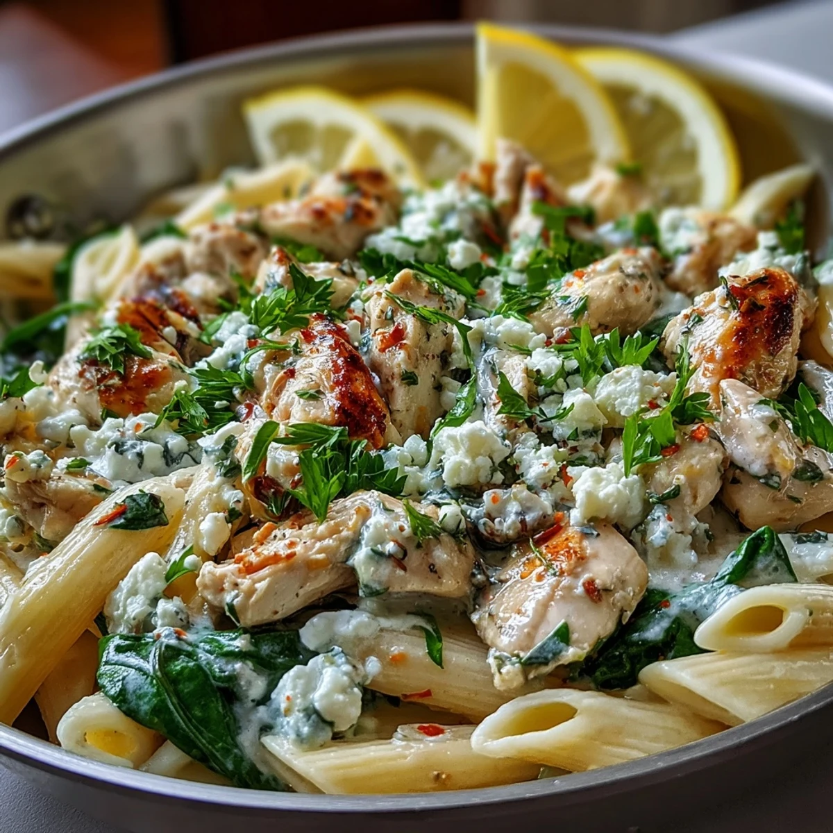 Serving spoon lifting a portion of Greek Chicken Feta Pasta Skillet, highlighting the tender chicken and rich yogurt sauce.