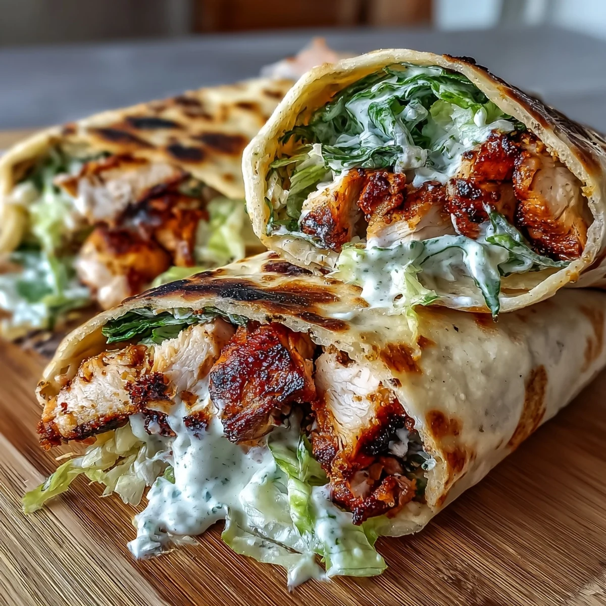 Golden-brown garlic naan wraps stuffed with grilled chicken, crisp romaine, and creamy Caesar salad, garnished with Parmesan.