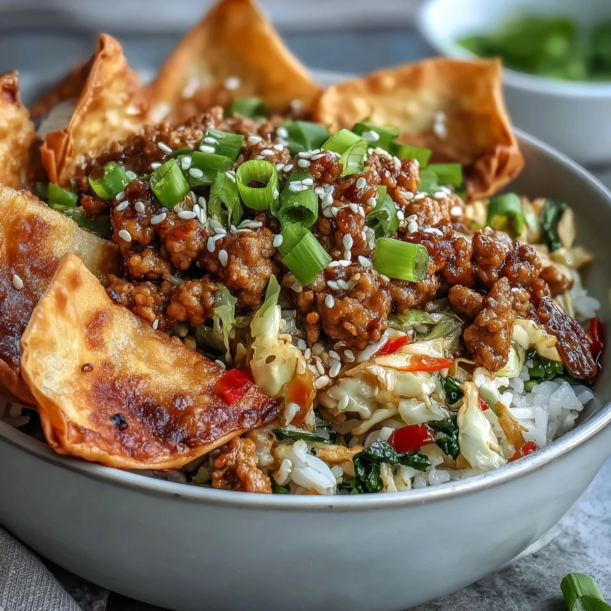 Golden brown baked wonton strips crown a hearty bowl of Crispy Baked Egg Roll Chicken Bowls, featuring ground chicken and colorful veggies.