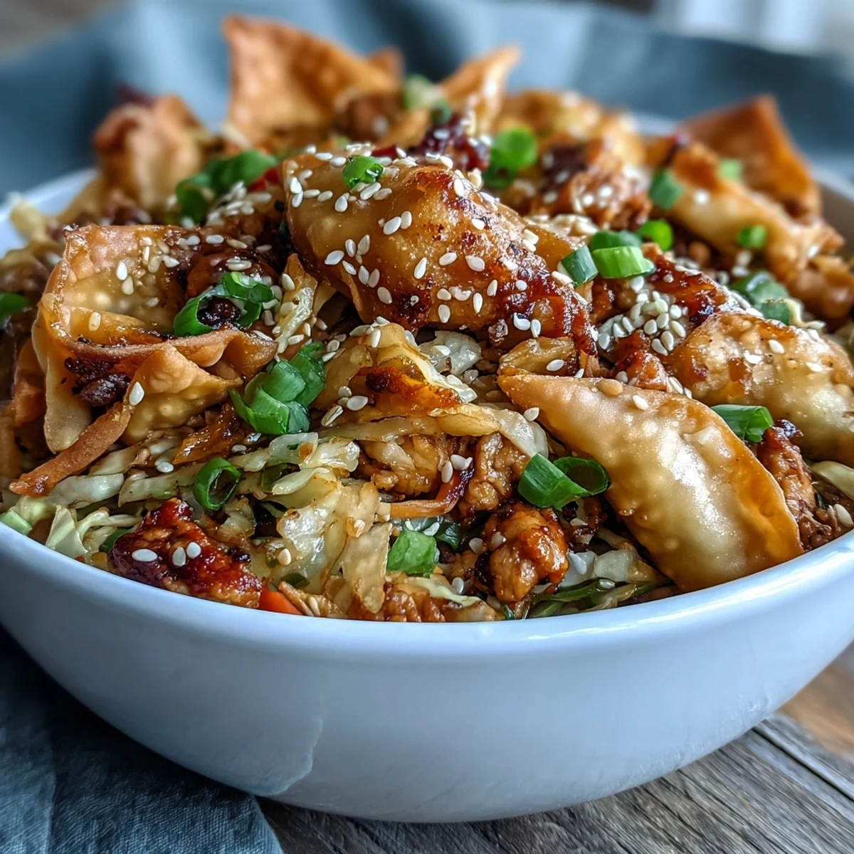 Warm fluffy jasmine rice serves as the base for this deconstructed Crispy Baked Egg Roll Chicken Bowls dinner.