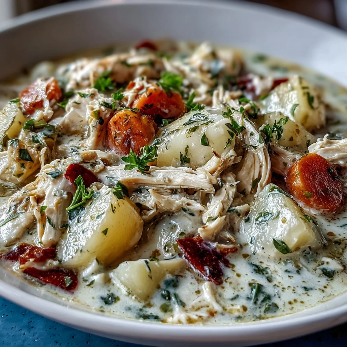 A ladle pouring Creamy Chicken Pot Pie Soup beside a golden biscuit for serving.