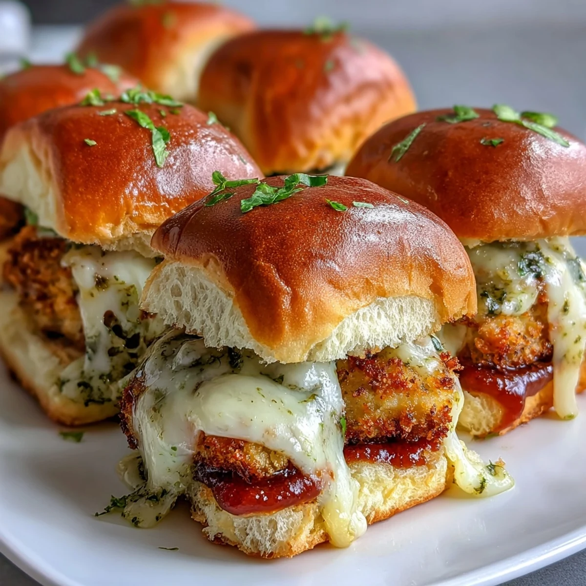 Close-up of Pesto Chicken Parmesan Sliders revealing juicy chicken, vibrant green pesto, and gooey mozzarella inside.