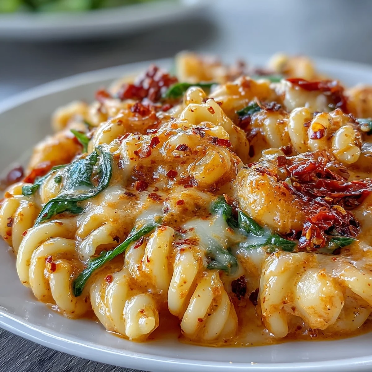 Hearty Creamy Tuscan Chili Mac with elbow pasta, spinach, and sun-dried tomatoes in a rich sauce.