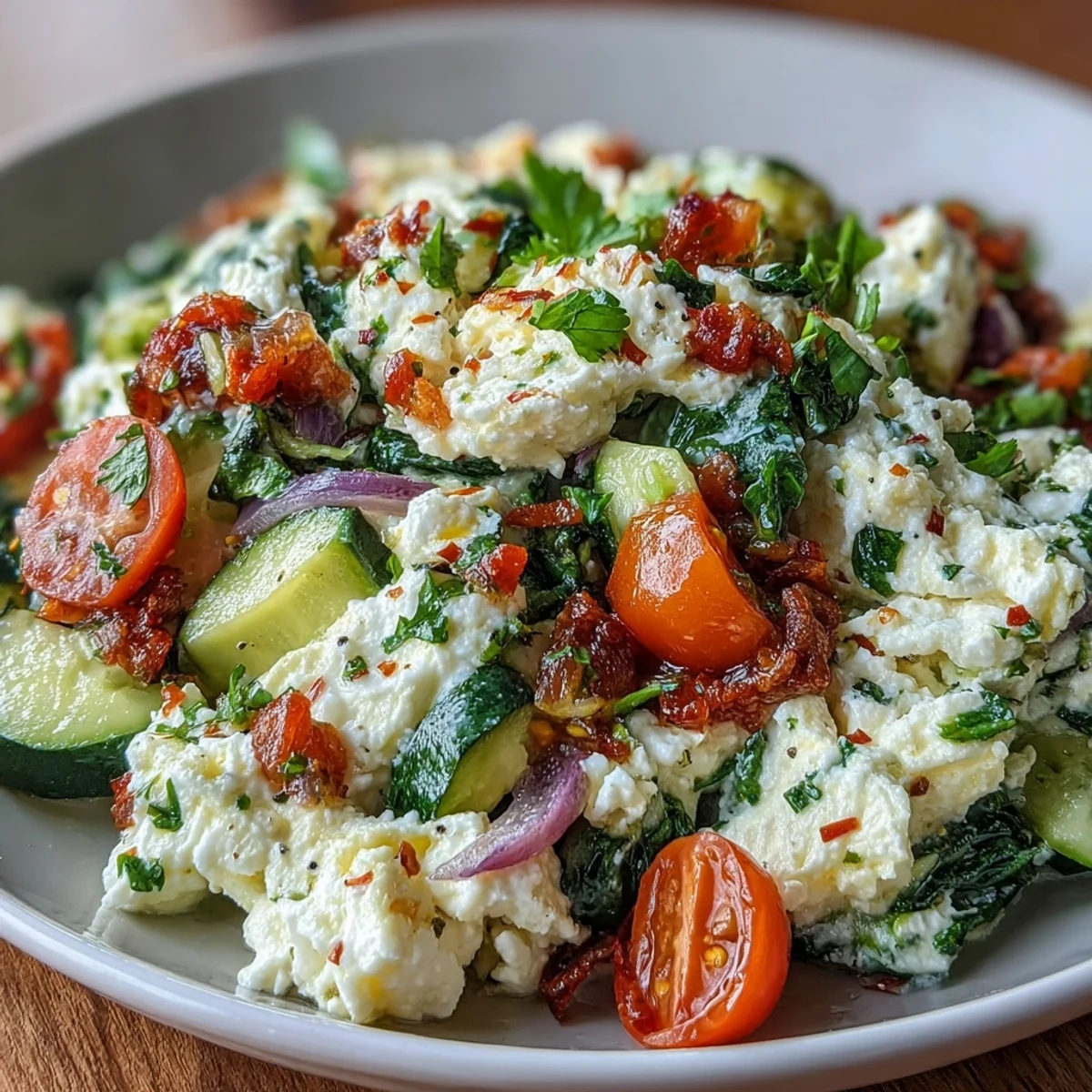 Brightly colored bell peppers, zucchini, and spinach sautéed in a skillet before fluffy egg whites are folded in for this Egg White Veggie Scramble with Salsa.