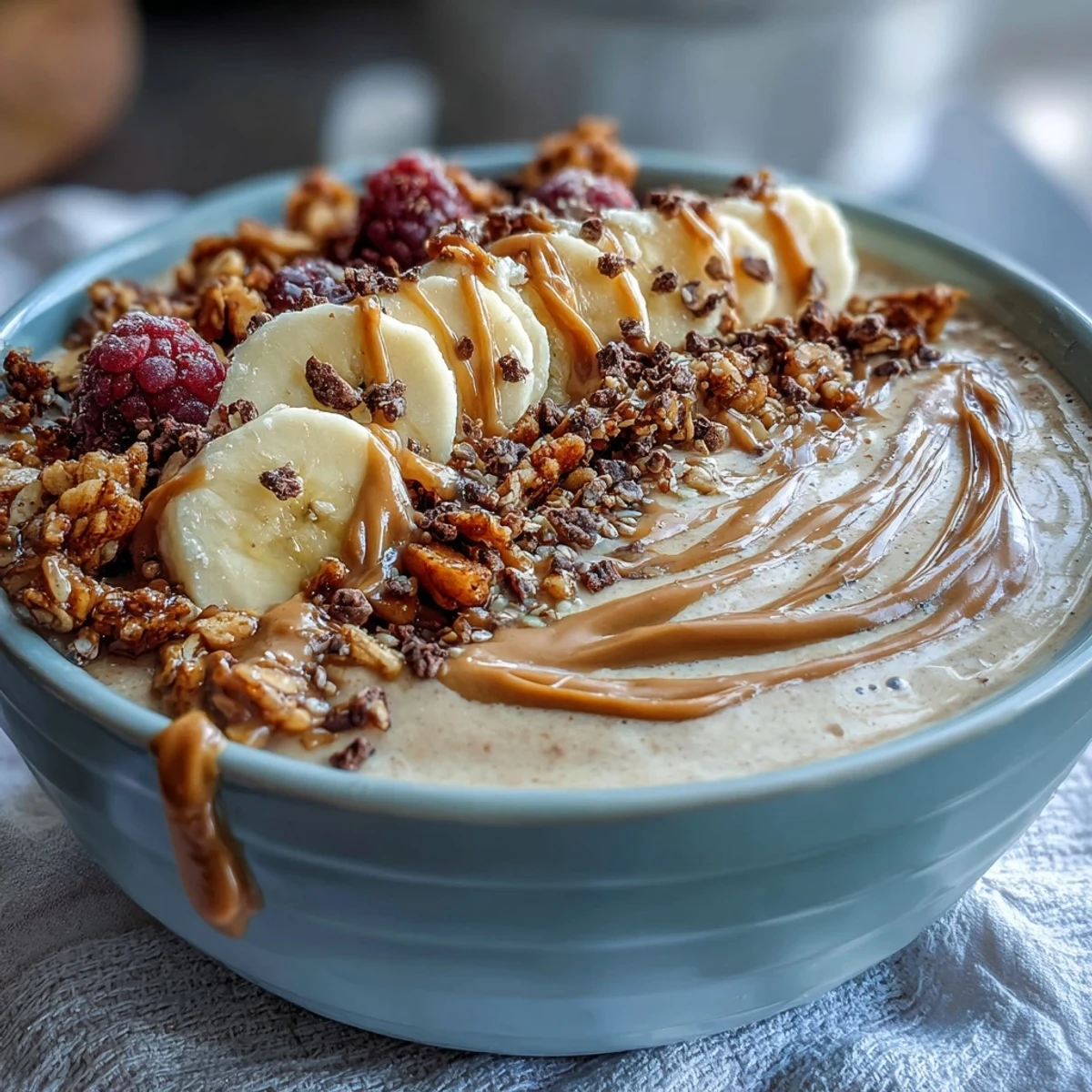 Thick and creamy Vegan Peanut Butter Banana Protein Smoothie Bowl topped with sliced bananas, granola, and a rich peanut butter drizzle.