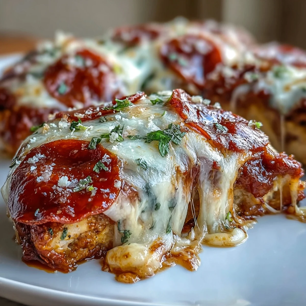 Freshly baked Keto Pepperoni Pizza Chicken Bake with melted mozzarella and golden, crispy pepperoni slices.