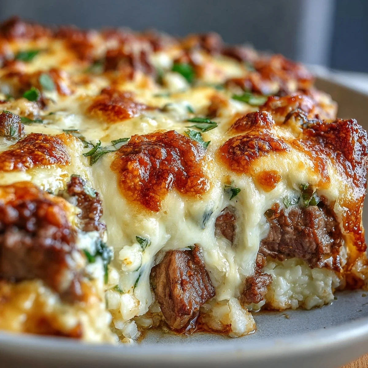 Golden, bubbly provolone and mozzarella melt over a hearty Keto Philly Cheesesteak Casserole with Cauliflower Rice, featuring sautéed peppers and onions.