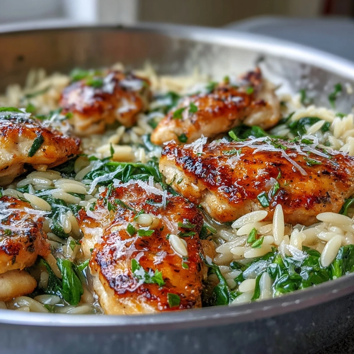 Golden seared chicken pieces and creamy orzo pasta simmer in a fragrant lemon garlic sauce inside a skillet.