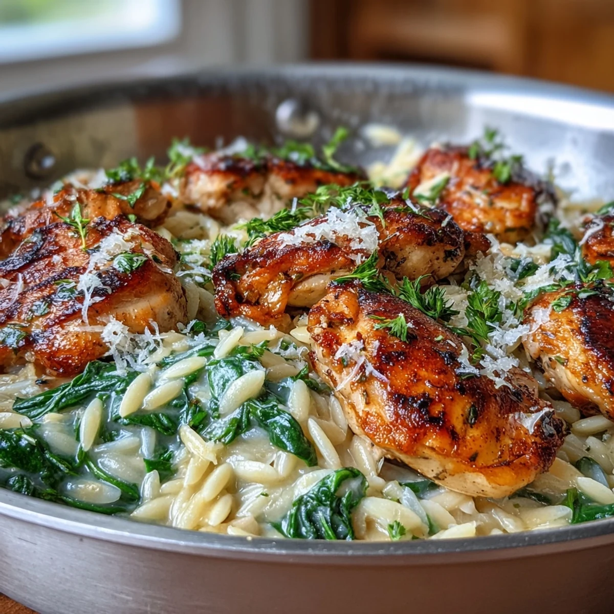 Fresh spinach is wilted into the One-Pot Lemon Garlic Chicken and Orzo with Spinach for a bright green finish.