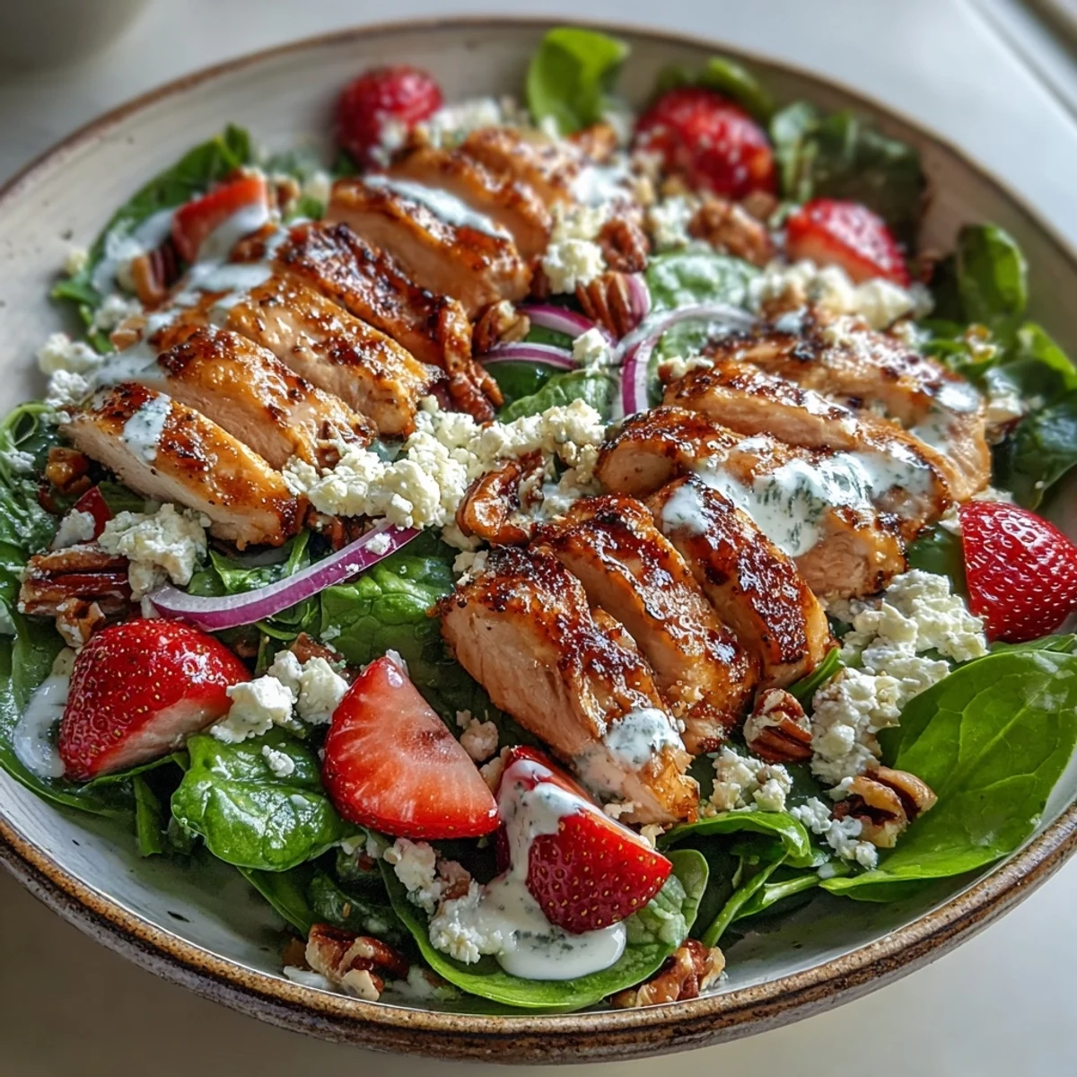 Colorful bowl of Grilled Chicken and Strawberry Spinach Salad with Poppy Seed Dressing, topped with crumbled feta cheese and toasted pecans for a crunchy texture.