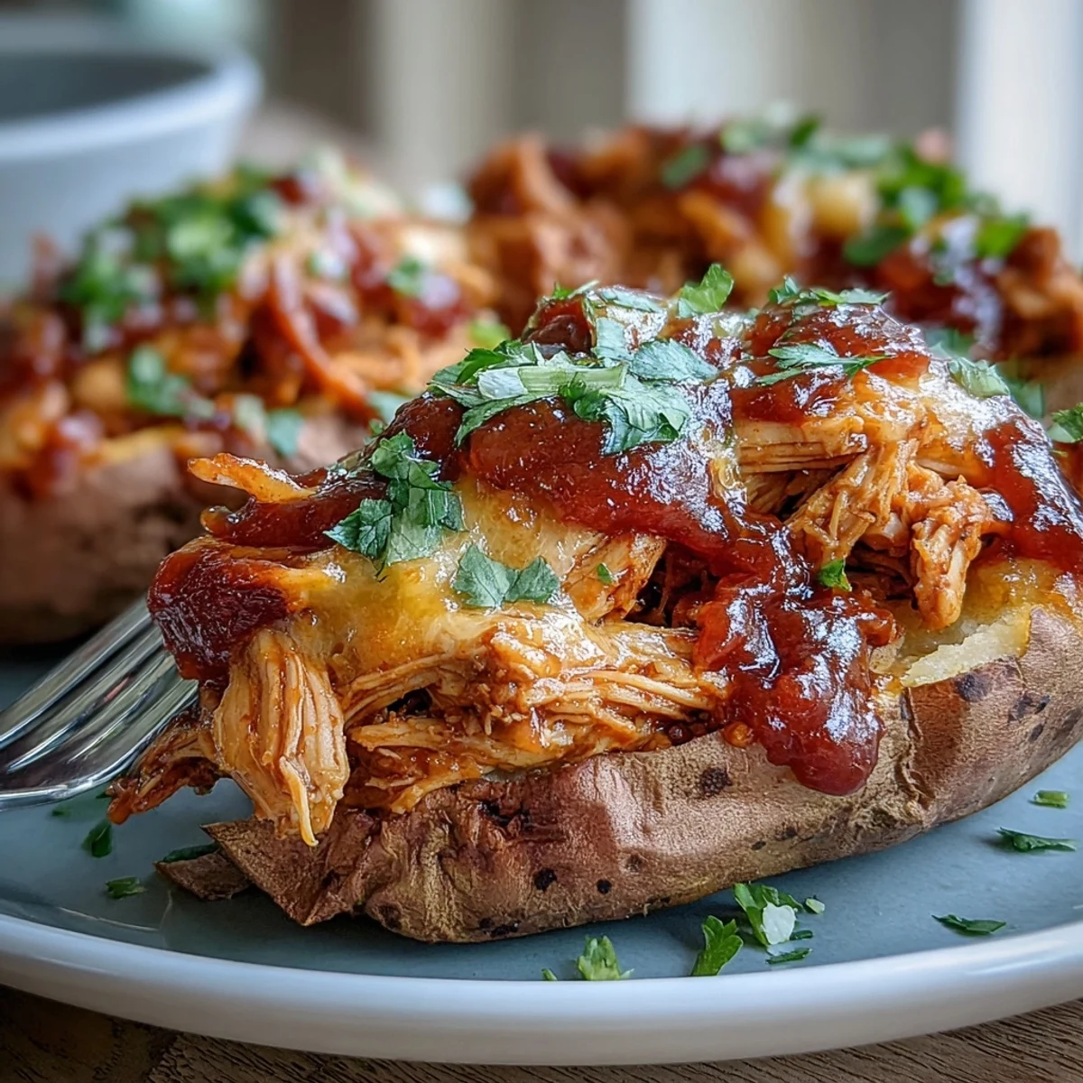 Golden-brown baked sweet potato boats split open, overflowing with saucy honey BBQ chicken and topped with melted cheddar and green onions.