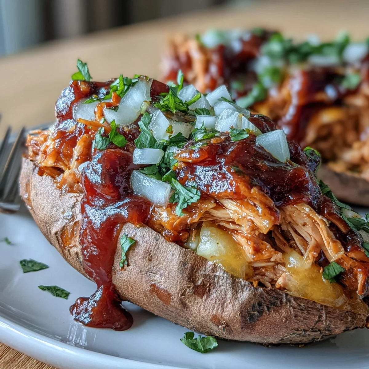 Rustic baking sheet with four stuffed sweet potatoes featuring shredded BBQ chicken, finished with red onion slices and tangy sauce.