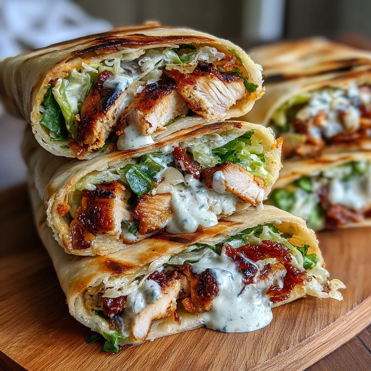 Sliced Garlic Naan Grilled Chicken Caesar Wraps show char-marked chicken and fresh romaine inside warm flatbread.