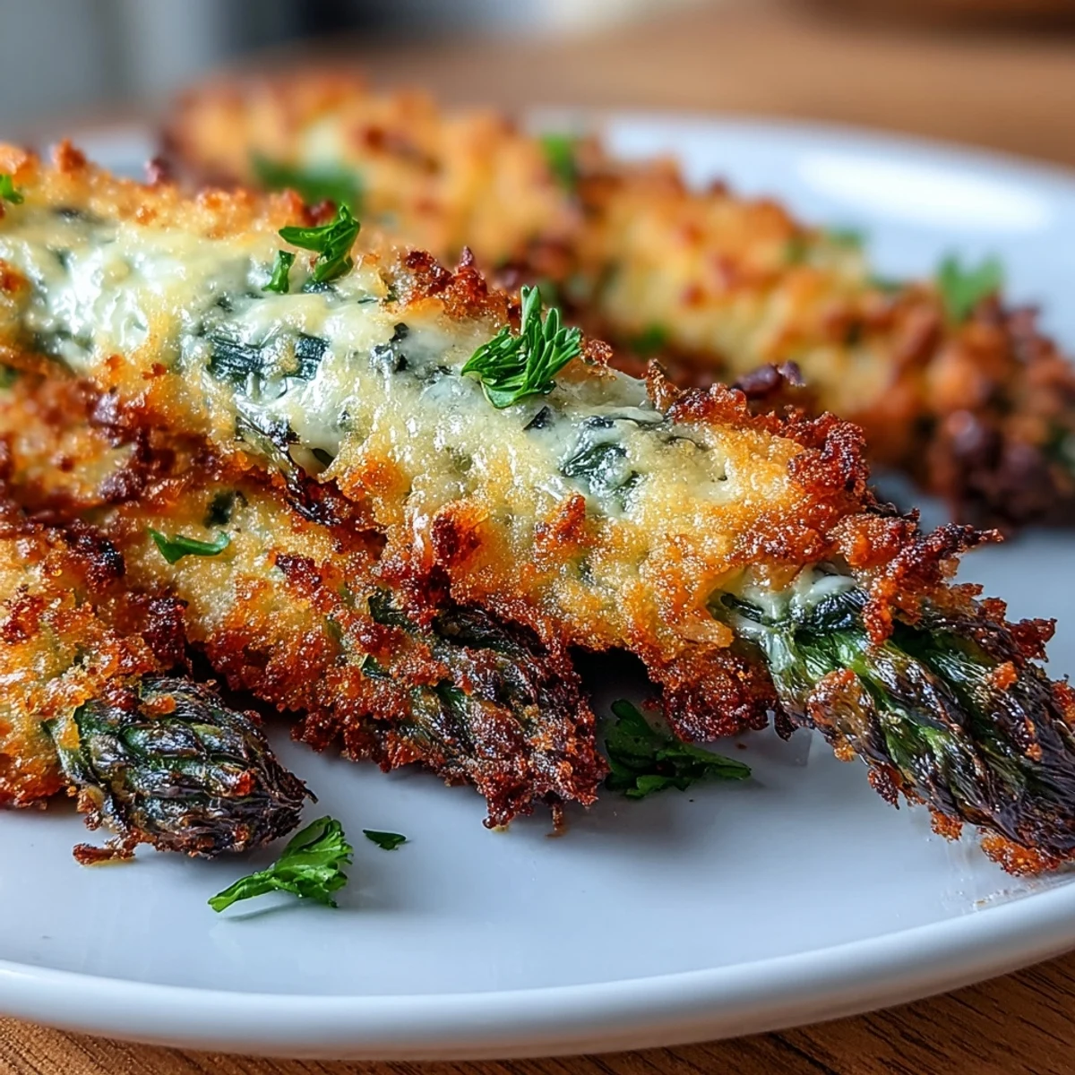 Crispy Parmesan asparagus spears top a vibrant chicken salad with mixed greens and cherry tomatoes.