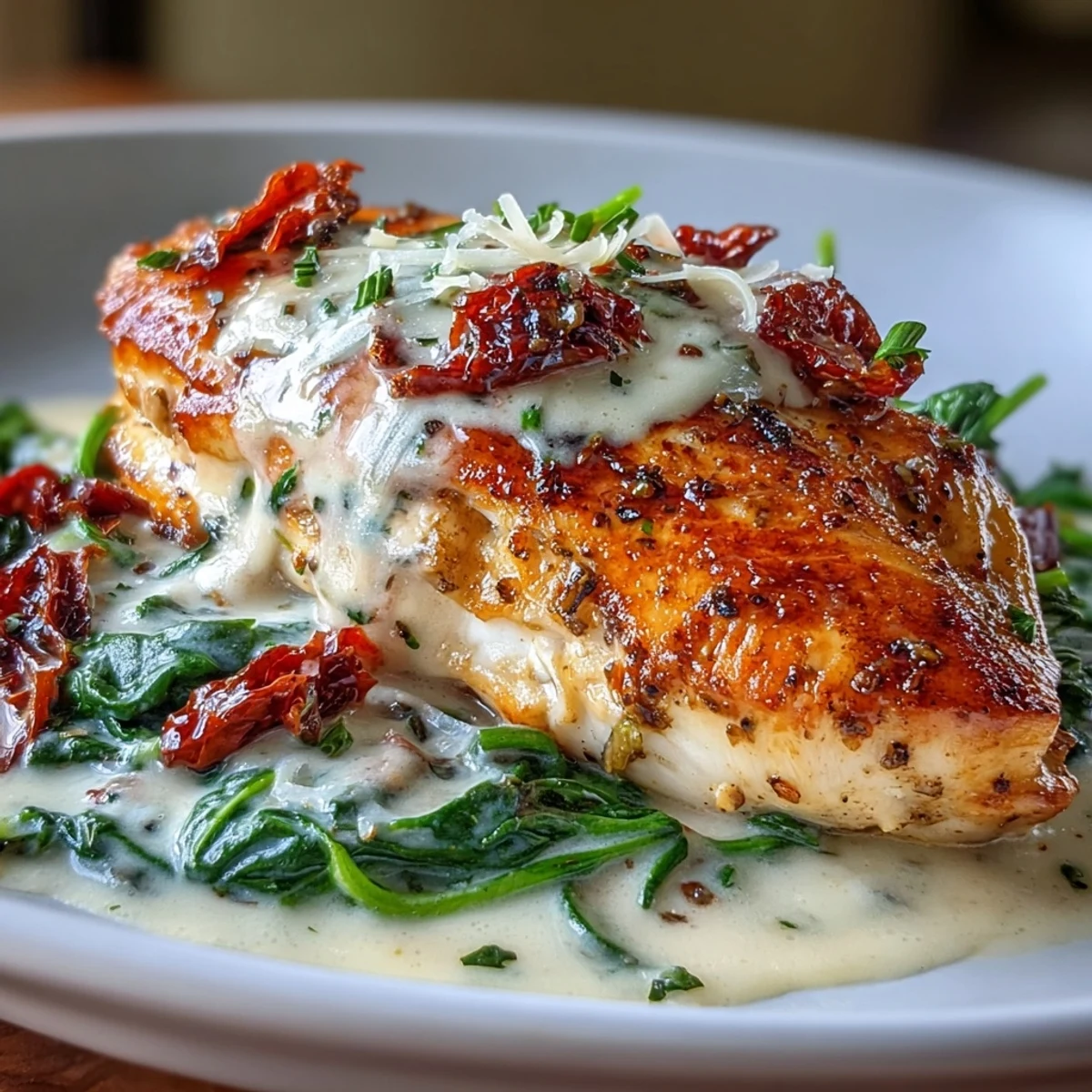 Tender chicken breasts simmered in a luscious Parmesan cream sauce with spinach and tangy sun-dried tomatoes.  
