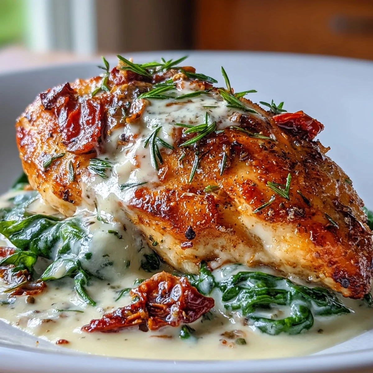 Low-carb Tuscan chicken dish featuring juicy chicken in a velvety garlic cream sauce with vibrant spinach and sun-dried tomatoes.