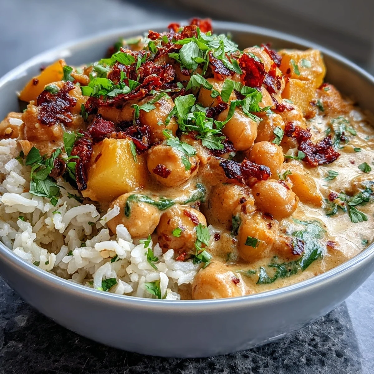 Easy 20-minute vegan curry with ripe mango, creamy coconut, and protein-rich chickpeas, garnished with fresh cilantro and served over jasmine rice.