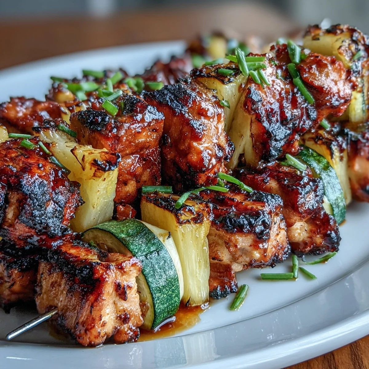 Tender chicken cubes marinated in honey-lime sauce, grilled alongside zucchini and pineapple for a colorful summer skewer feast.  