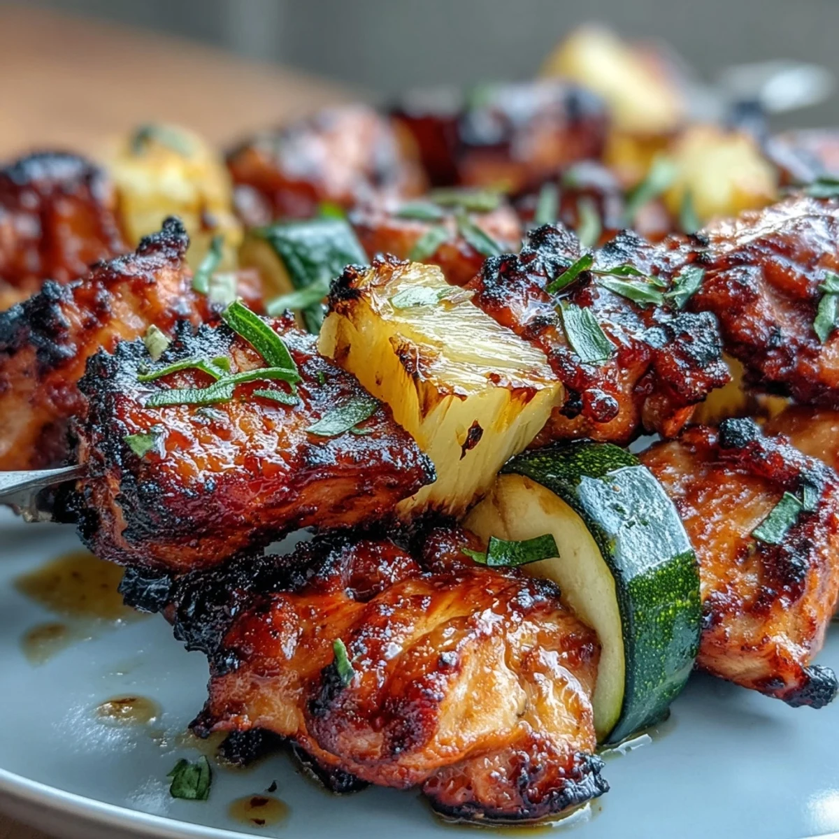 Juicy honey-lime chicken skewers featuring fresh zucchini and caramelized pineapple, perfect for a vibrant backyard barbecue.