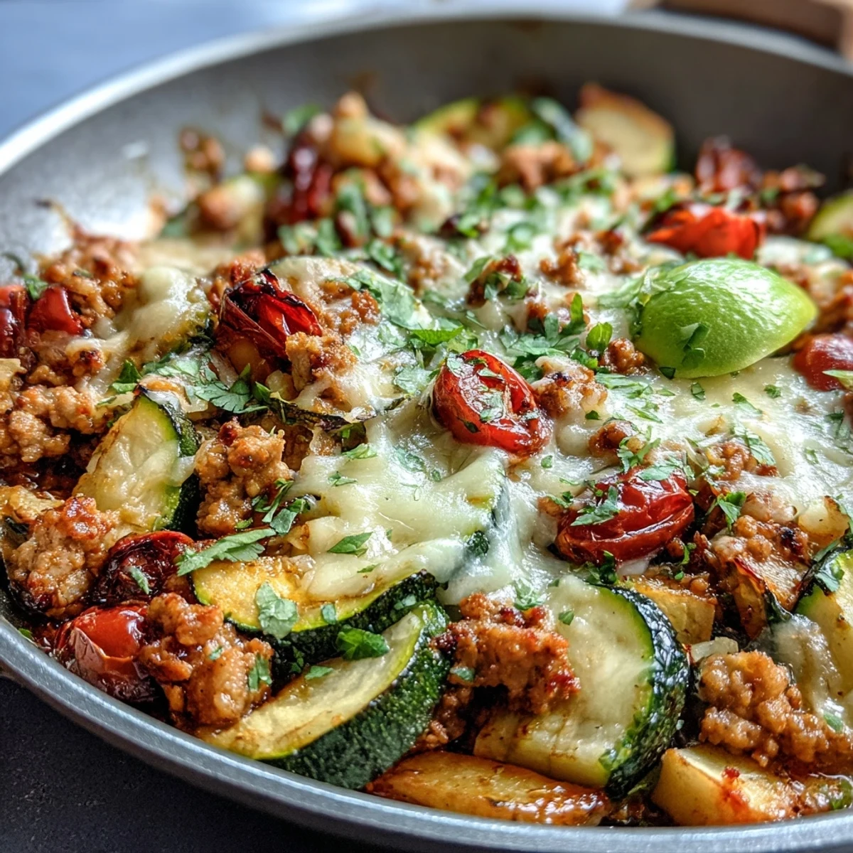 Healthy turkey taco zucchini skillet loaded with lean ground turkey, diced zucchini, and bold spices, topped with melted cheddar and fresh cilantro.  