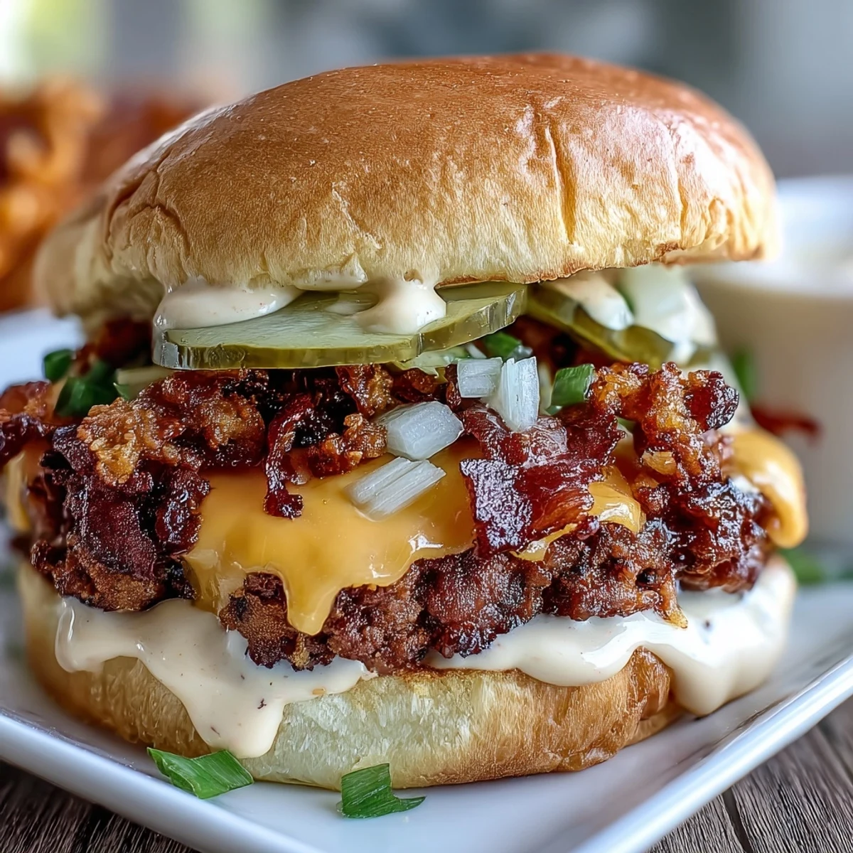 Crispy-edged beef patties on buttery slider buns, layered with pickles, onions, and a tangy special sauce.