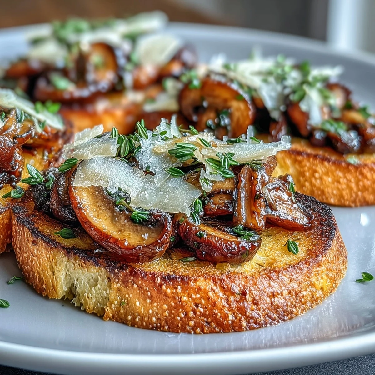 Wild mushroom and garlic crostini with sautéed mushrooms and shaved Parmesan on crispy toasts.  