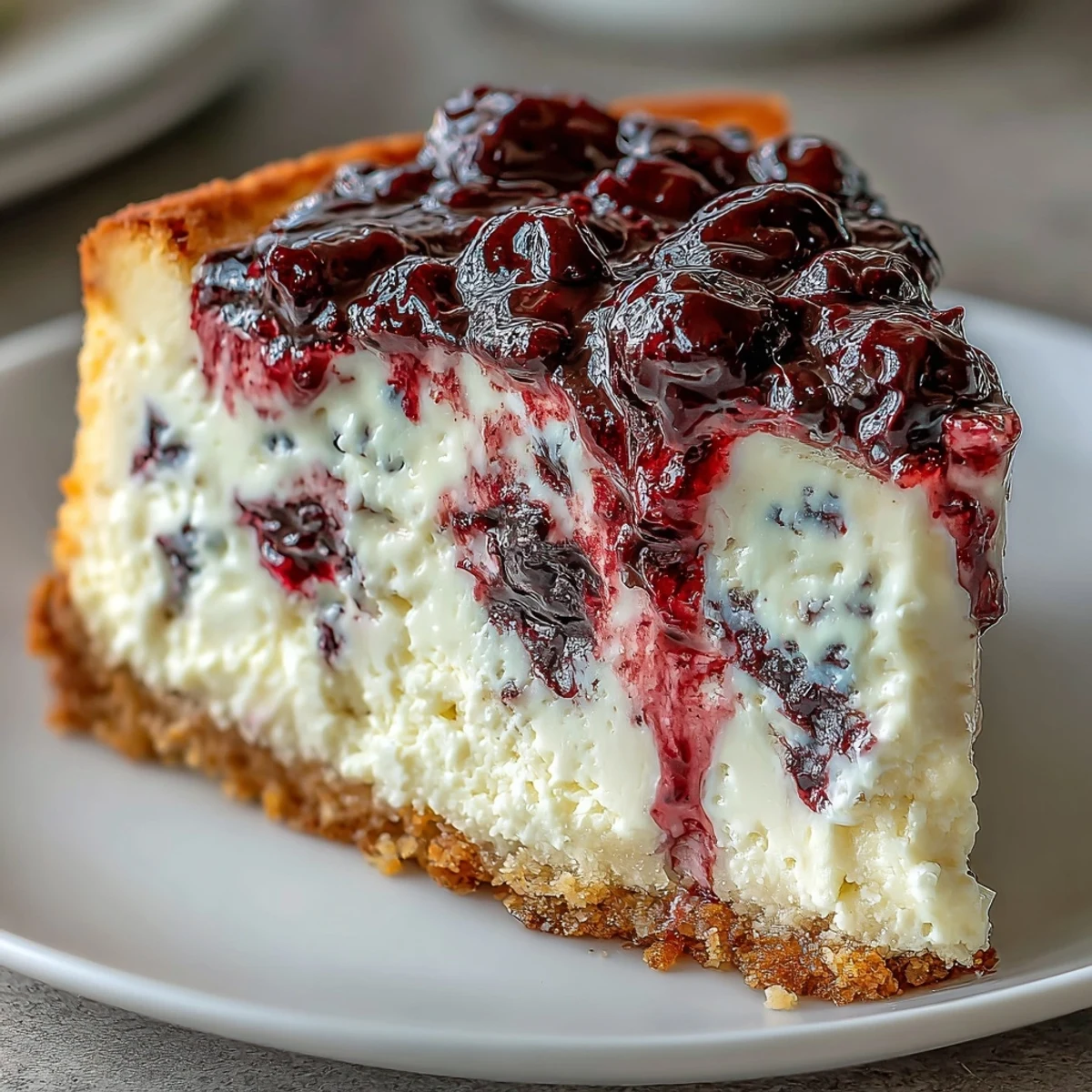 Decadent black currant cheesecake with swirls of vibrant compote on a buttery graham cracker crust. Rich, creamy texture and tangy-sweet flavor in every slice.