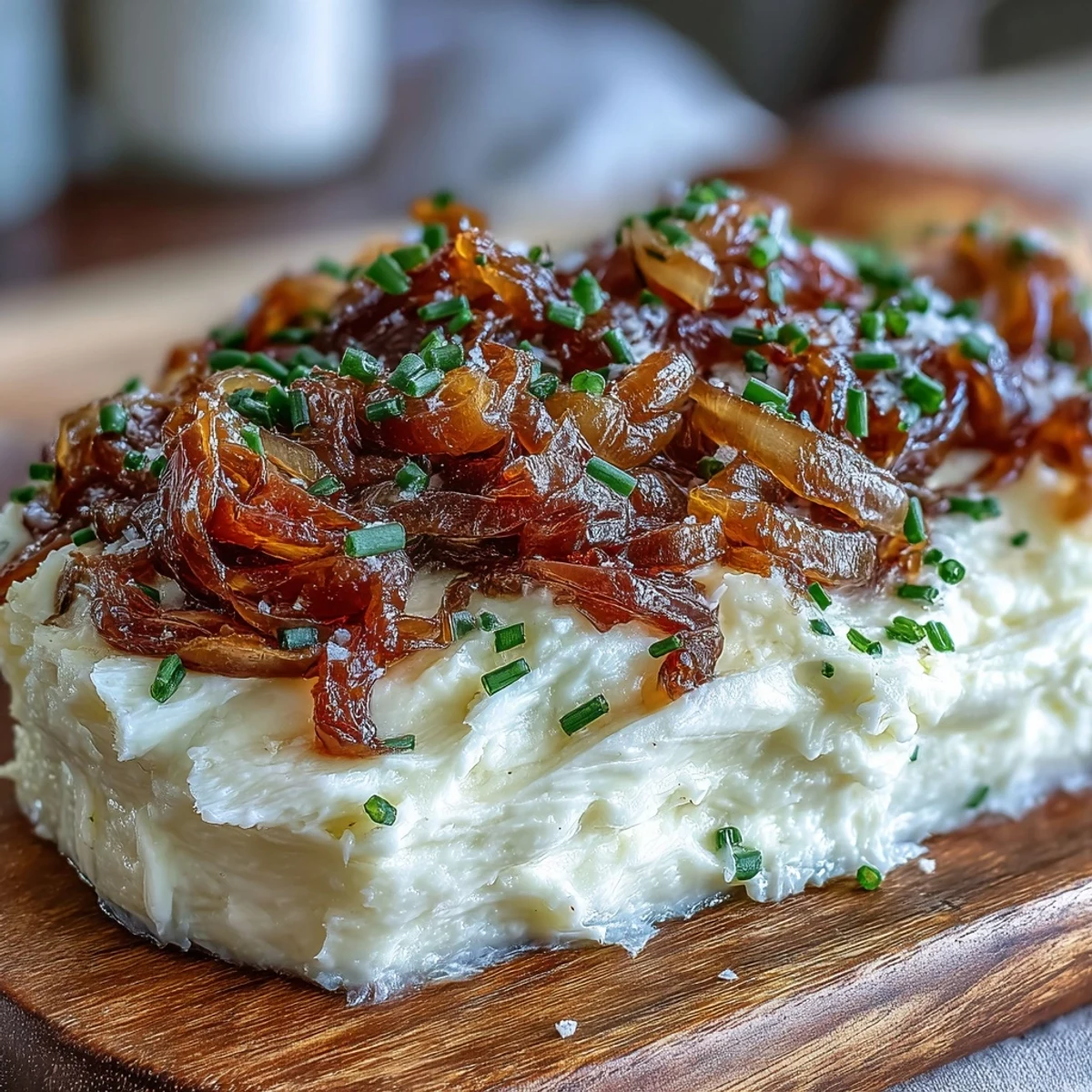 Creamy caramelized onion butter spread artfully on a wooden board, topped with golden onions and fresh herbs for a savory appetizer.