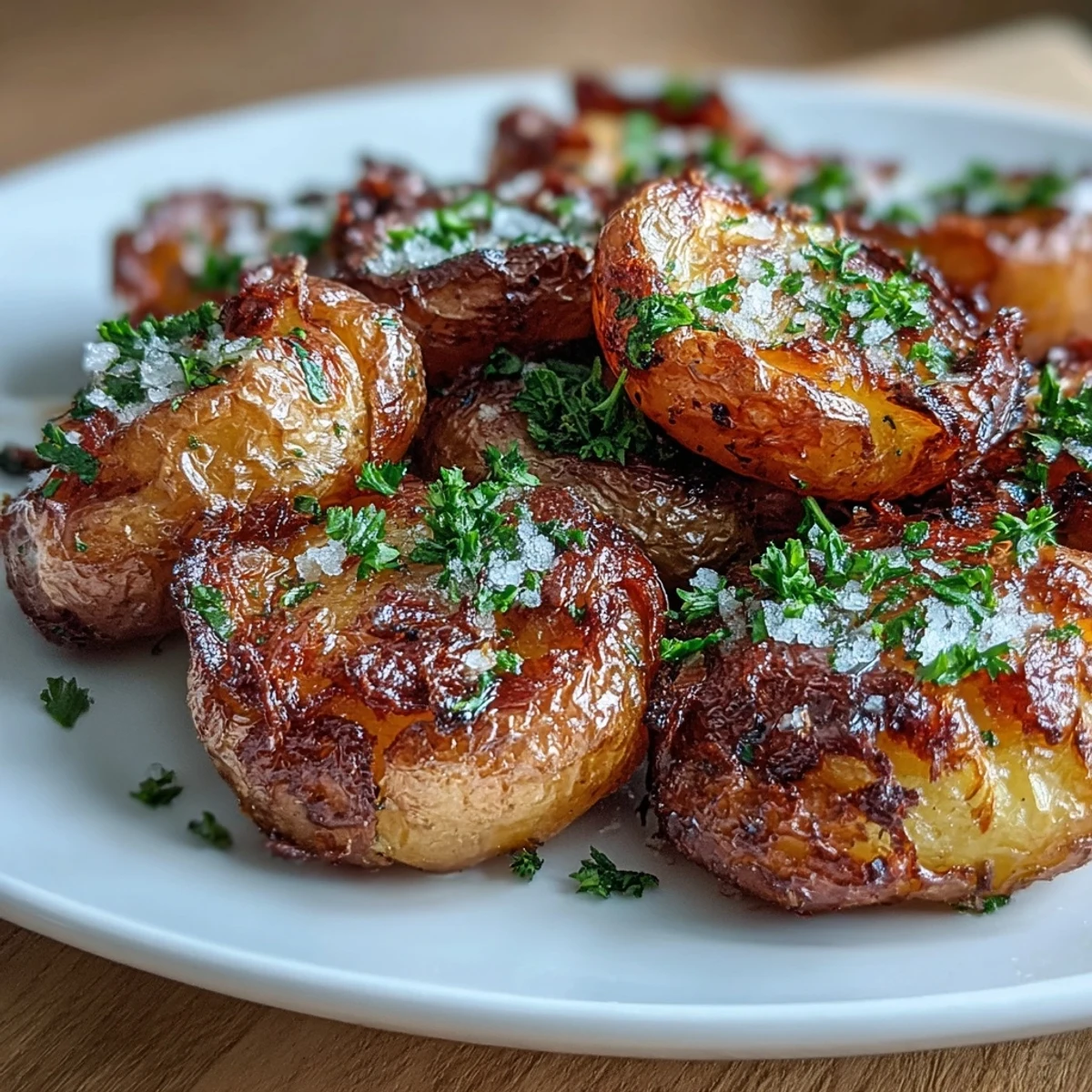 Smashed Garlic Potatoes with Crispy Oil, golden baby potatoes roasted until crispy and drizzled with fragrant garlic-infused olive oil.  