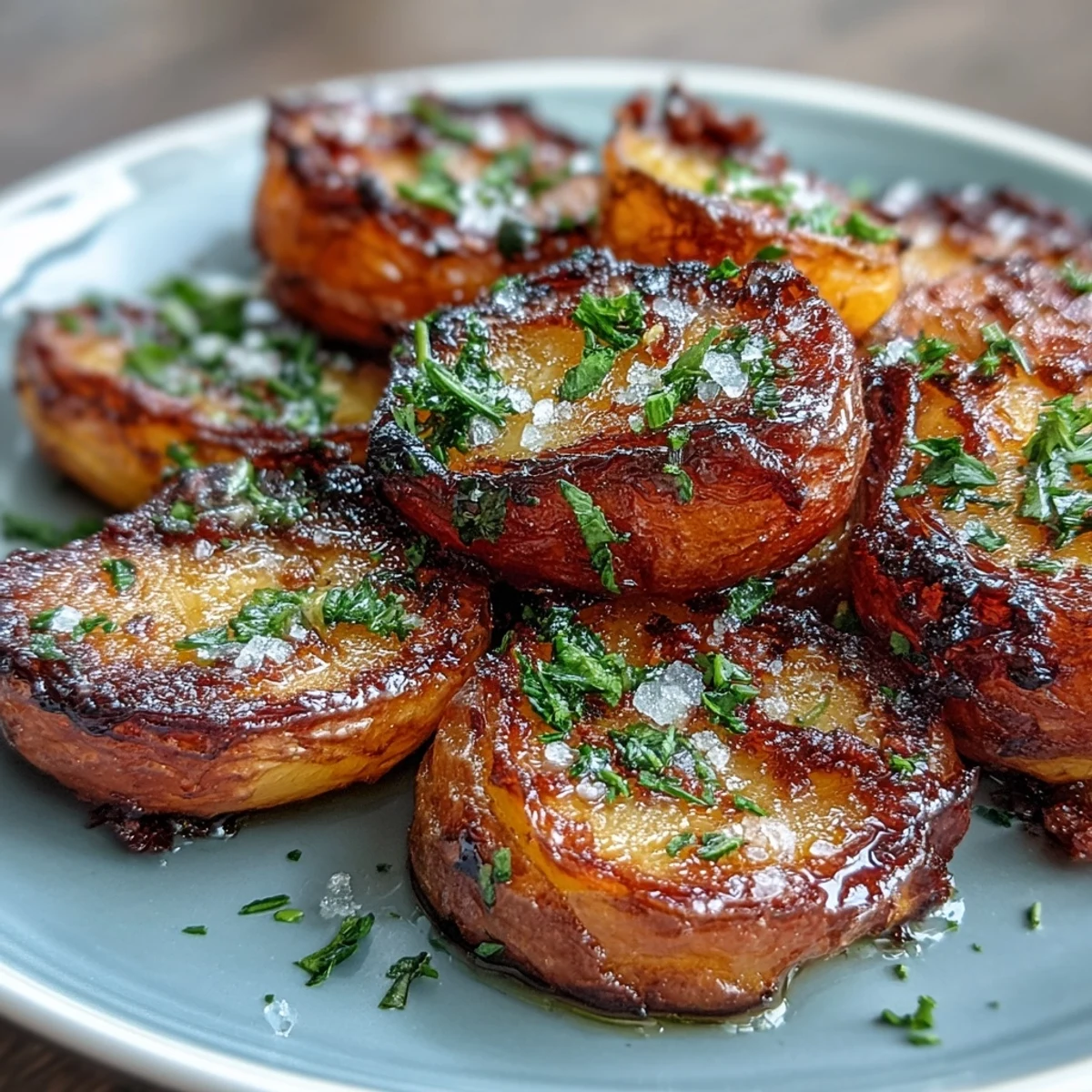 Fluffy smashed baby potatoes topped with a savory garlic oil and fleur de sel, perfect for any meal or gathering.  