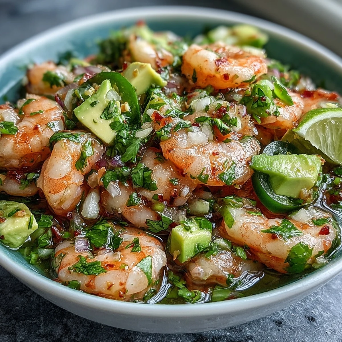 Fresh raw shrimp marinated in lime juice, spiced with chilli and garlic, mixed with diced cucumber, avocado, and cilantro for a vibrant appetizer.  