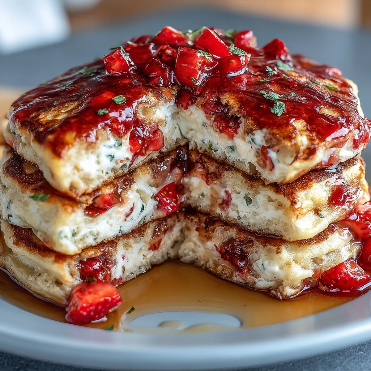 Golden-brown protein pancakes with cottage cheese and diced strawberries served on a white plate for a post-workout meal.