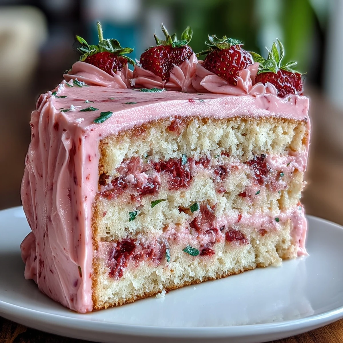 Decadent strawberry lemonade cake featuring zesty lemon layers and luscious pink strawberry frosting, ideal for festive dessert tables.