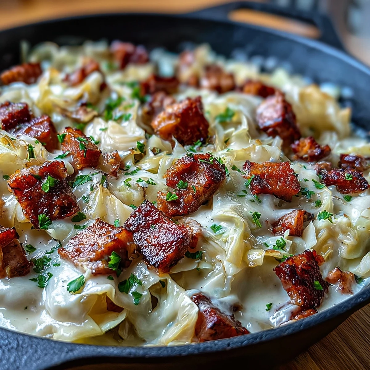 A comforting one-pan meal featuring sautéed cabbage, diced ham, and a velvety cream sauce, topped with melted cheddar.