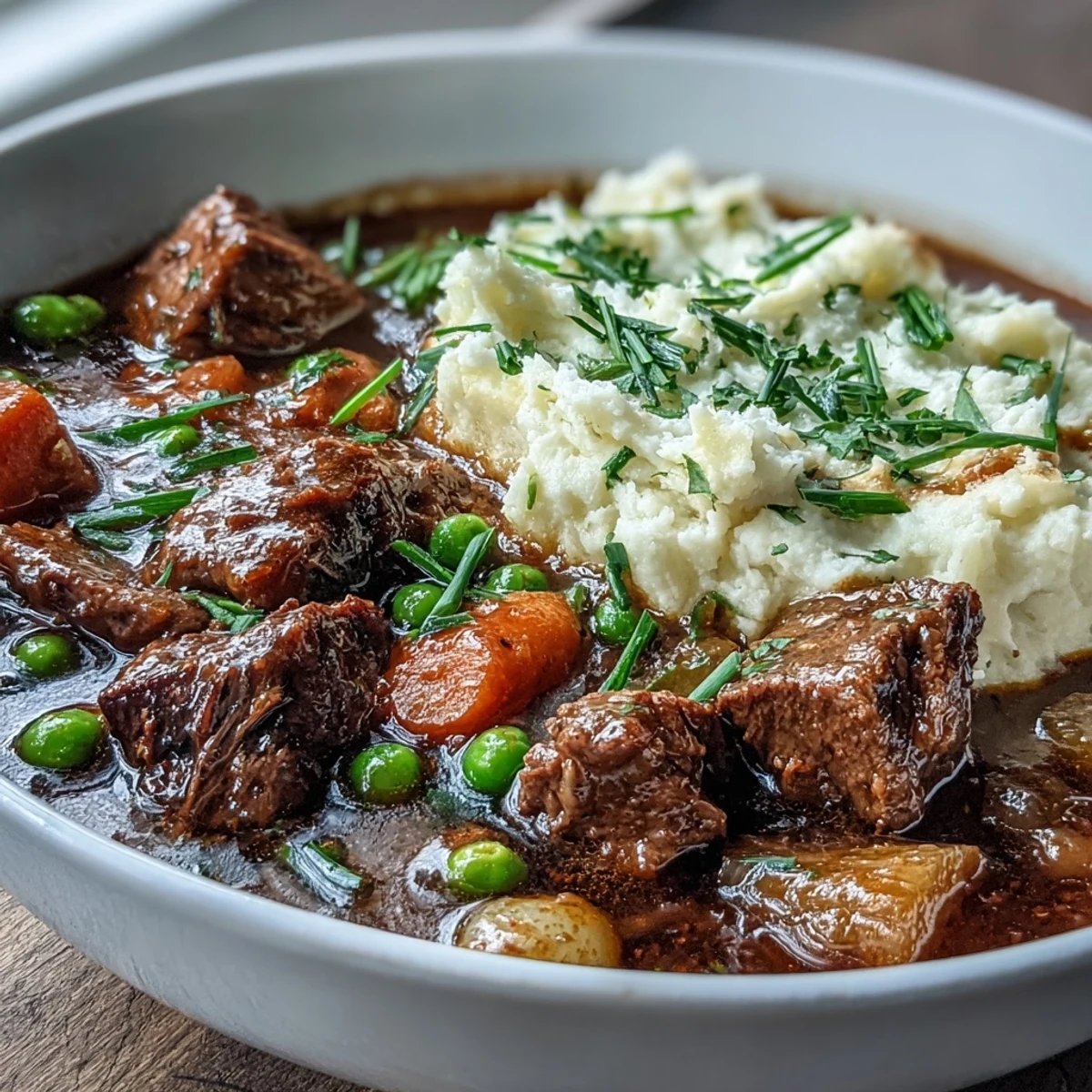 Rich, aromatic beef stew with red wine and herbs, ladled generously over smooth cauliflower mash for a comforting, lightened Irish dinner.