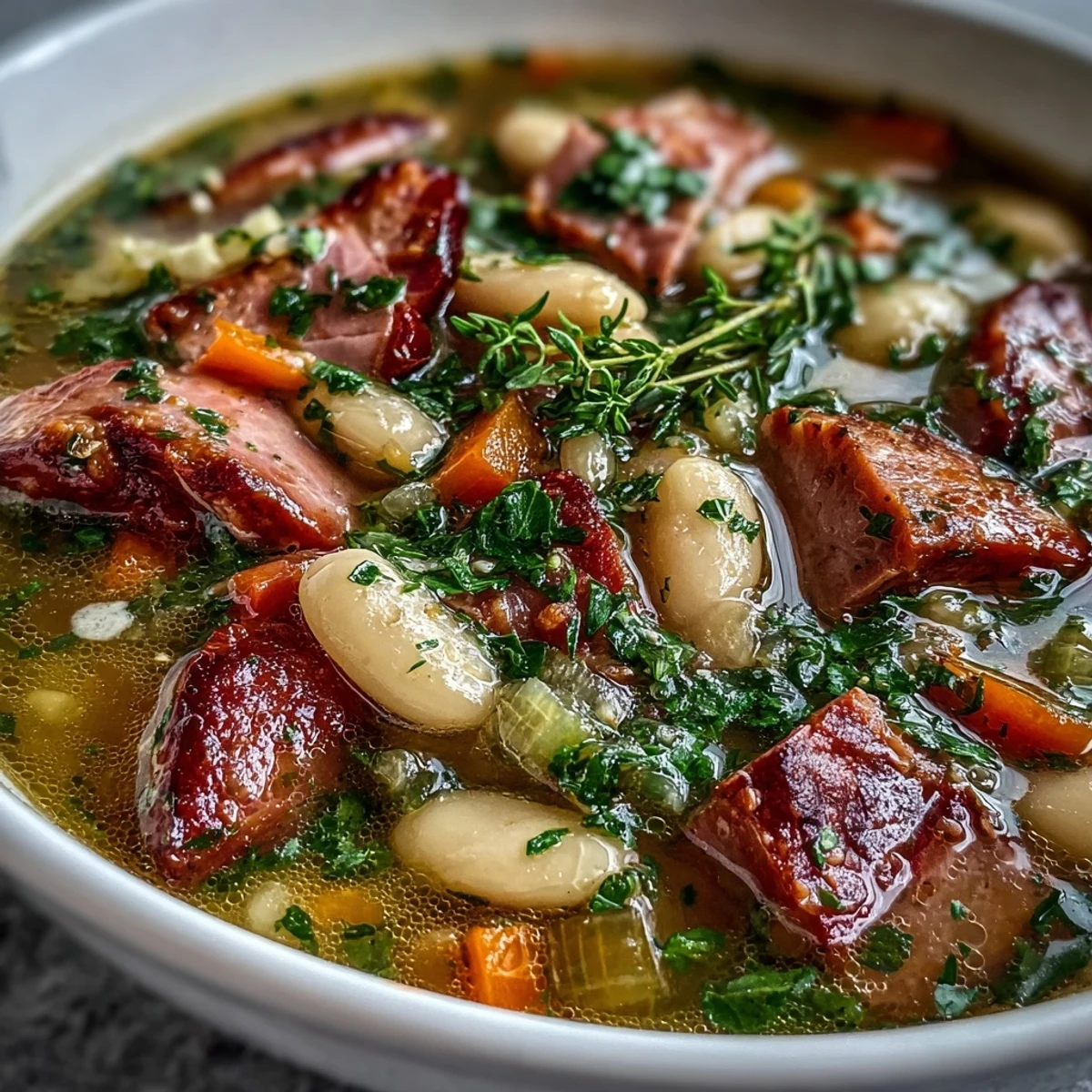 A steaming bowl of ham and cannellini bean soup with fresh parsley, carrots, and celery in a rich broth.  