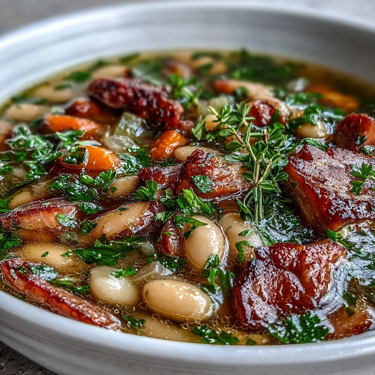 A rustic serving of ham and cannellini bean soup garnished with fresh thyme and rosemary for vibrant flavor.