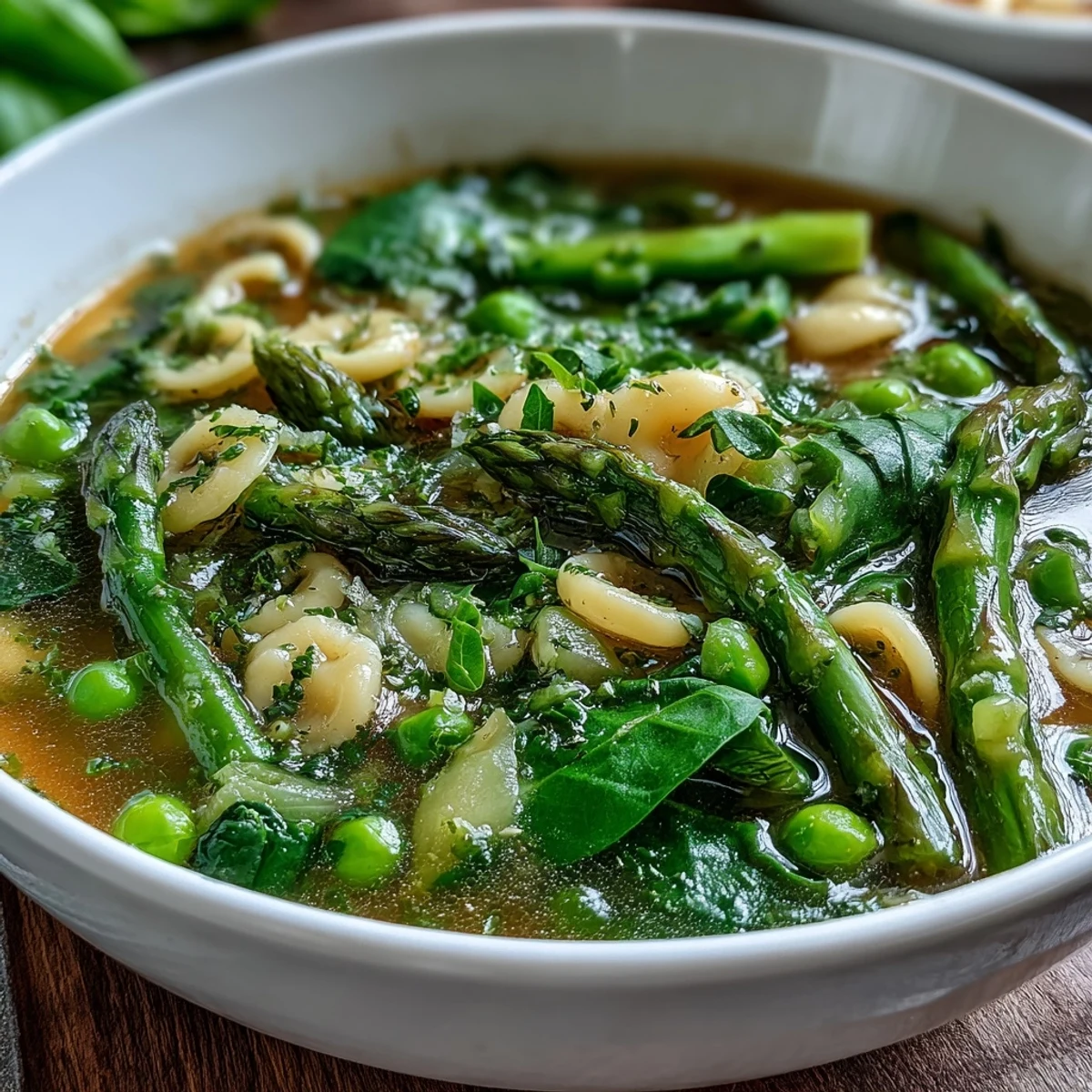 Cozy and nourishing spring minestrone with white beans, asparagus, and vibrant vegetables, served steaming in a rustic bowl with a drizzle of olive oil.