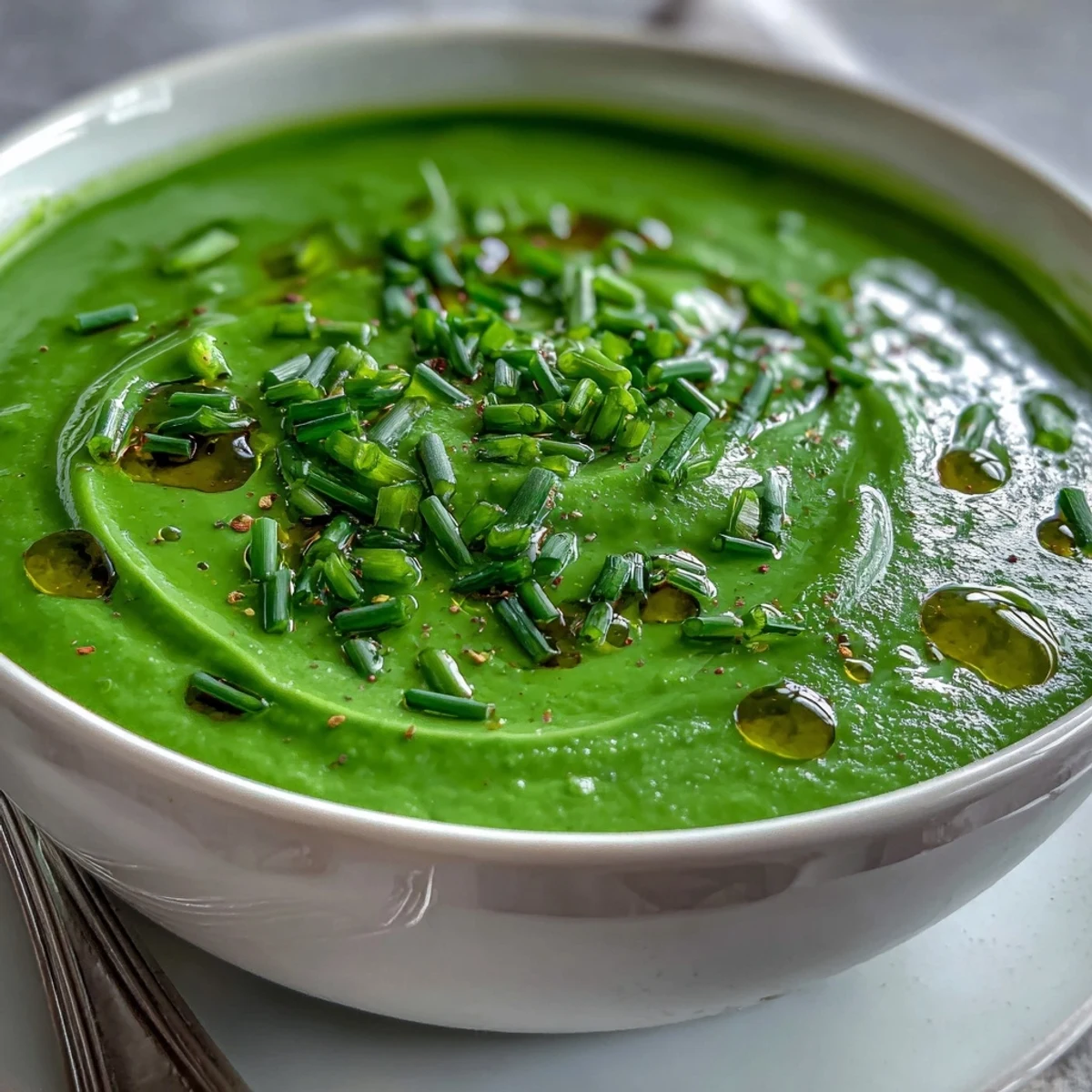 A vibrant green spinach and white bean soup garnished with fresh chives and a swirl of olive oil.  