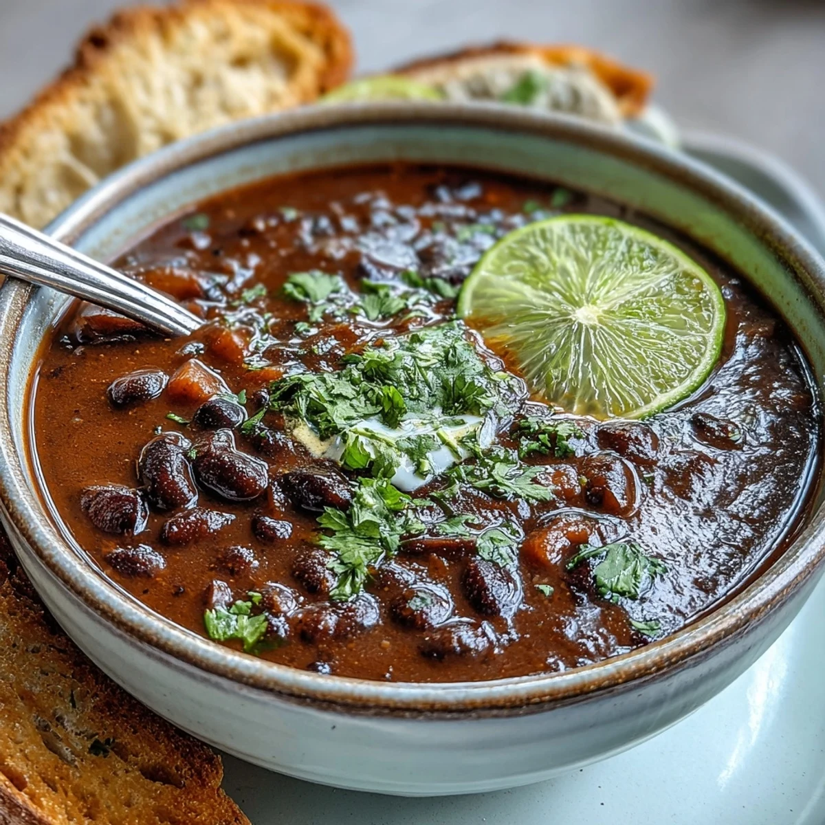 Hearty vegetarian soup with tender sweet potatoes, black beans, and smoky spices, served with a bright lime crema drizzle.  