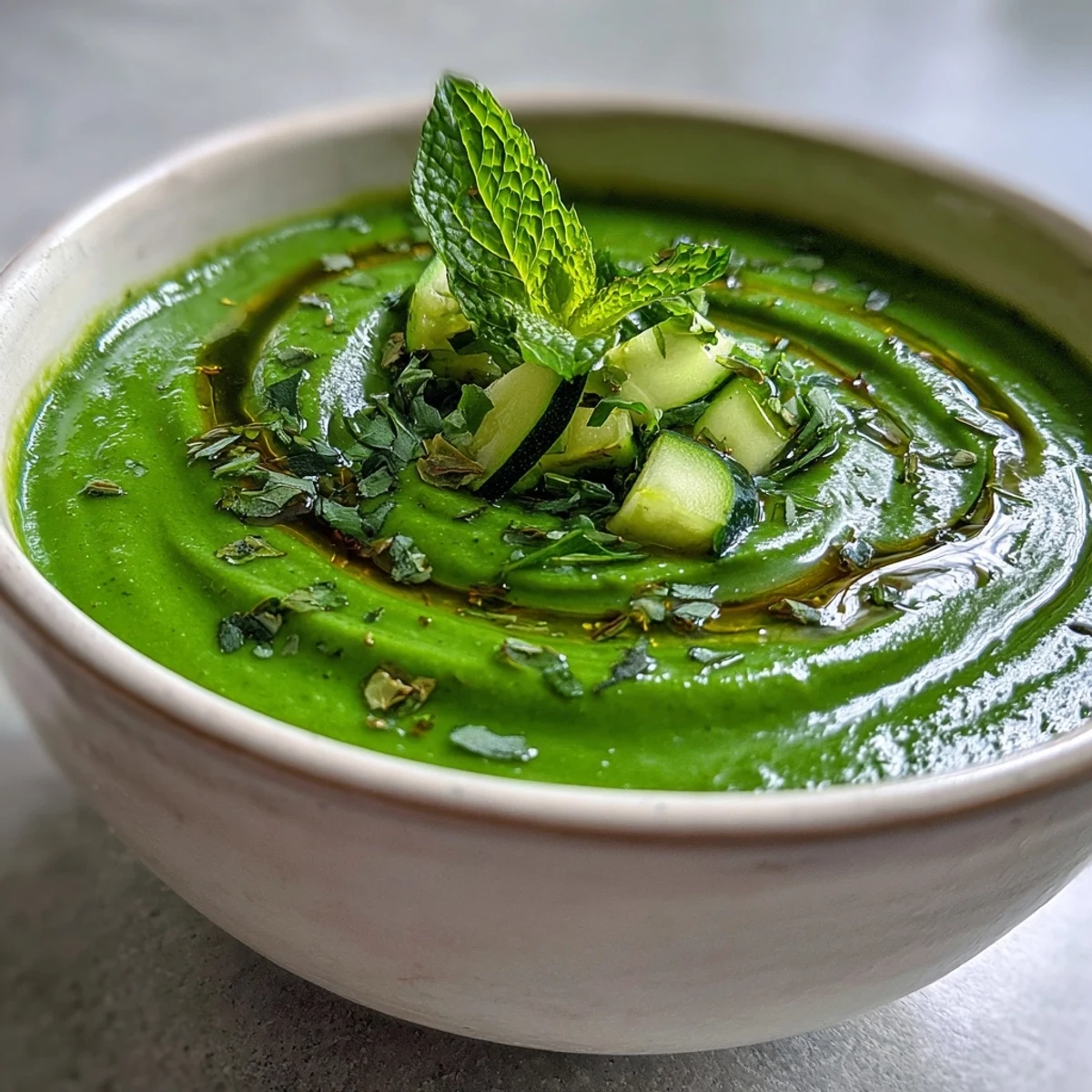 Creamy green detox vegetable soup with zucchini, peas, and broccoli, served steaming hot with a drizzle of olive oil.