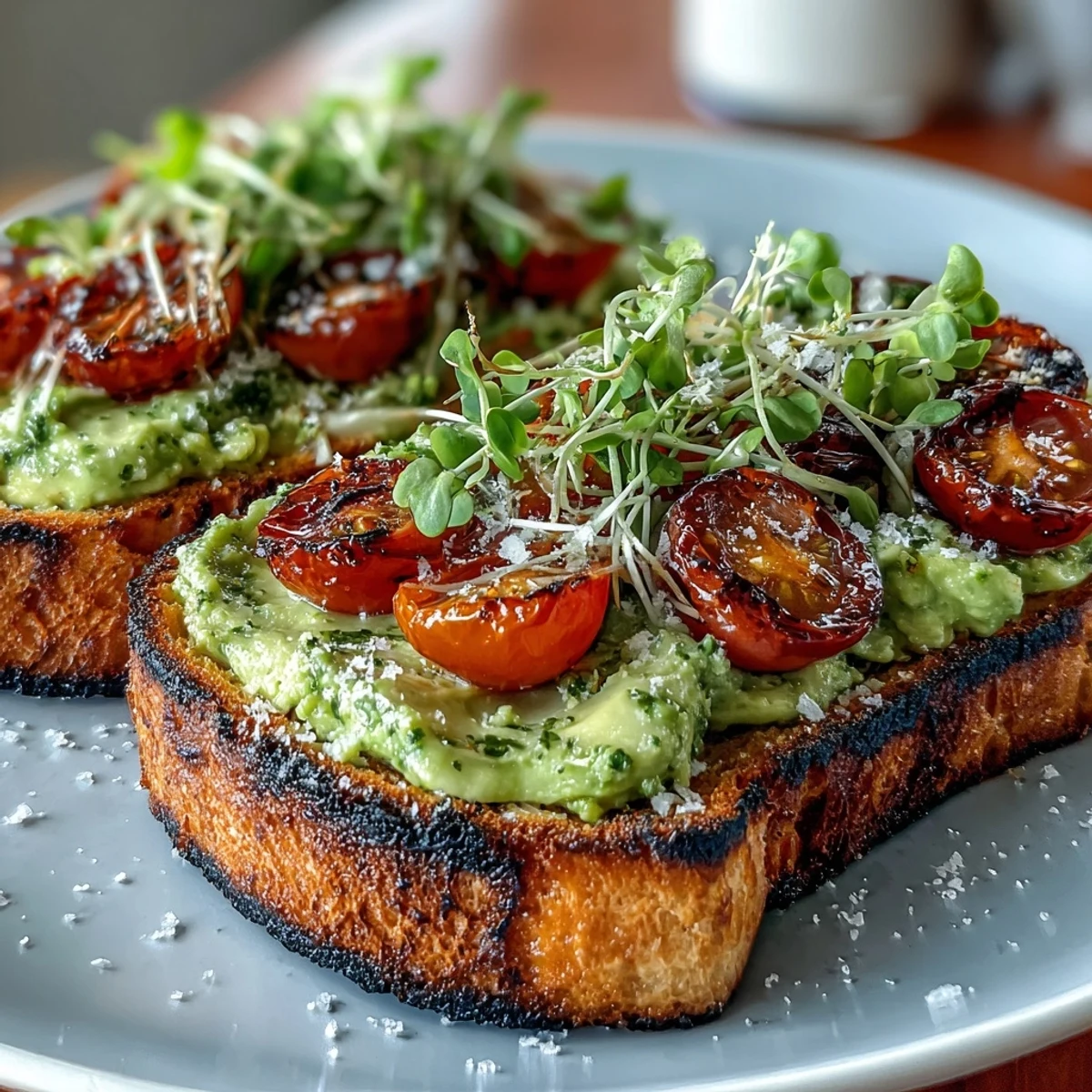Creamy avocado pesto spread on rustic sourdough toast, topped with juicy cherry tomatoes and fresh microgreens for a vibrant, nourishing breakfast.