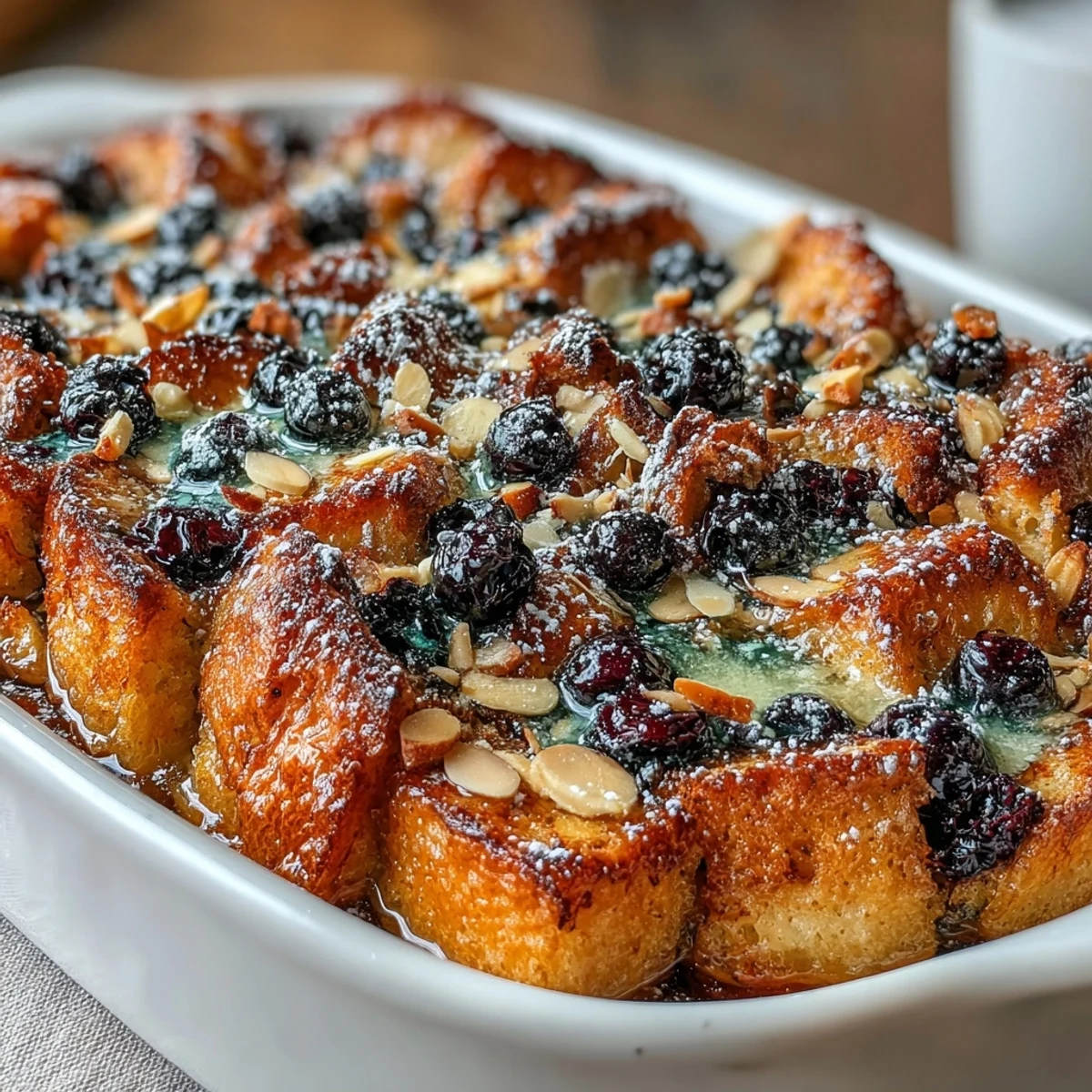 Blueberry Lemon Sourdough French Toast Casserole with golden crust and juicy berries, perfect for a sweet brunch centerpiece.  